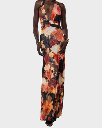 Women Long Dress, Sleeveless Halter Dress Backless Flower/Dots Print Summer Cocktail Dress