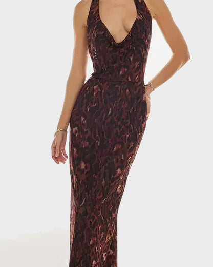 Women Long Dress, Sleeveless Halter Dress Backless Flower/Dots Print Summer Cocktail Dress