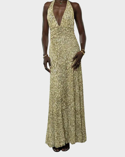Women Long Dress, Sleeveless Halter Dress Backless Flower/Dots Print Summer Cocktail Dress