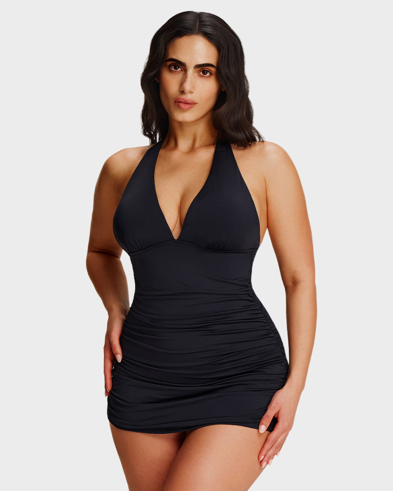 Halter V-Neck Sculpting Swim Dress – 2-Piece Set