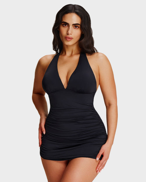 Halter V-Neck Sculpting Swim Dress – 2-Piece Set