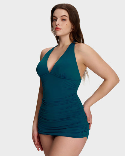 Halter V-Neck Sculpting Swim Dress – 2-Piece Set