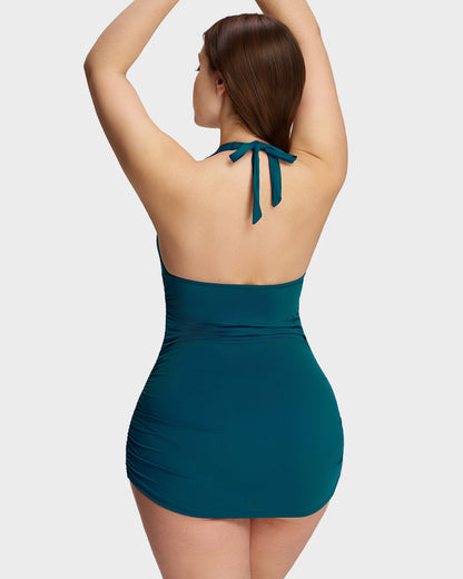 Halter V-Neck Sculpting Swim Dress – 2-Piece Set