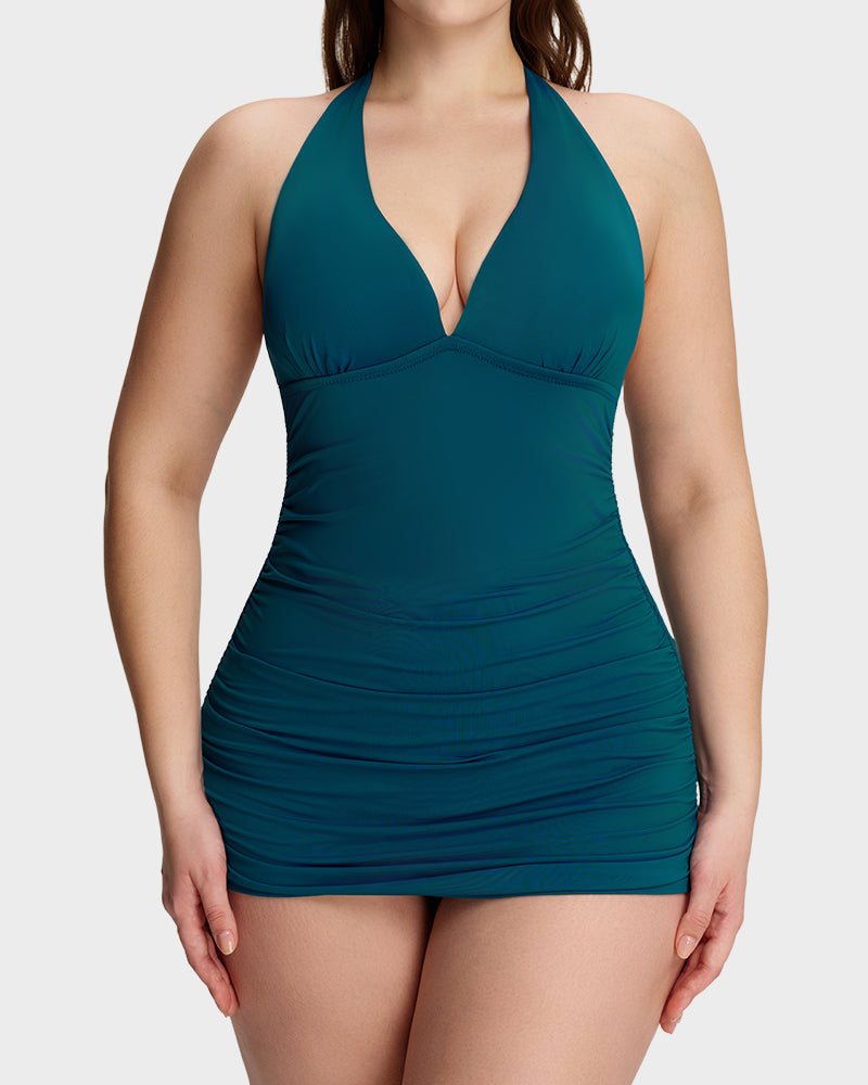 Halter V-Neck Sculpting Swim Dress – 2-Piece Set
