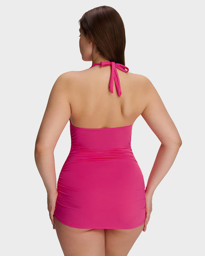 Halter V-Neck Sculpting Swim Dress – 2-Piece Set