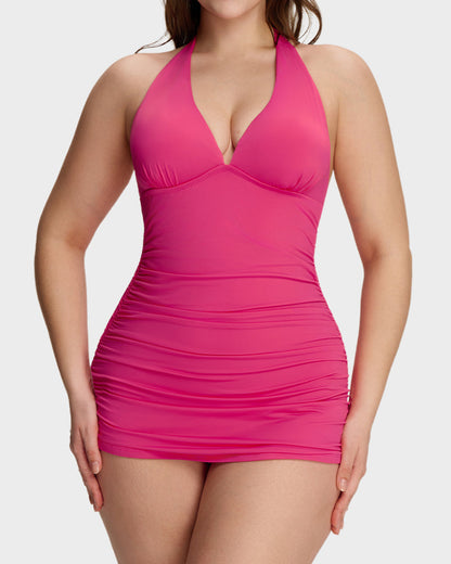 Halter V-Neck Sculpting Swim Dress – 2-Piece Set