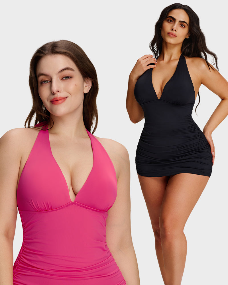 Halter V-Neck Sculpting Swim Dress – 2-Piece Set