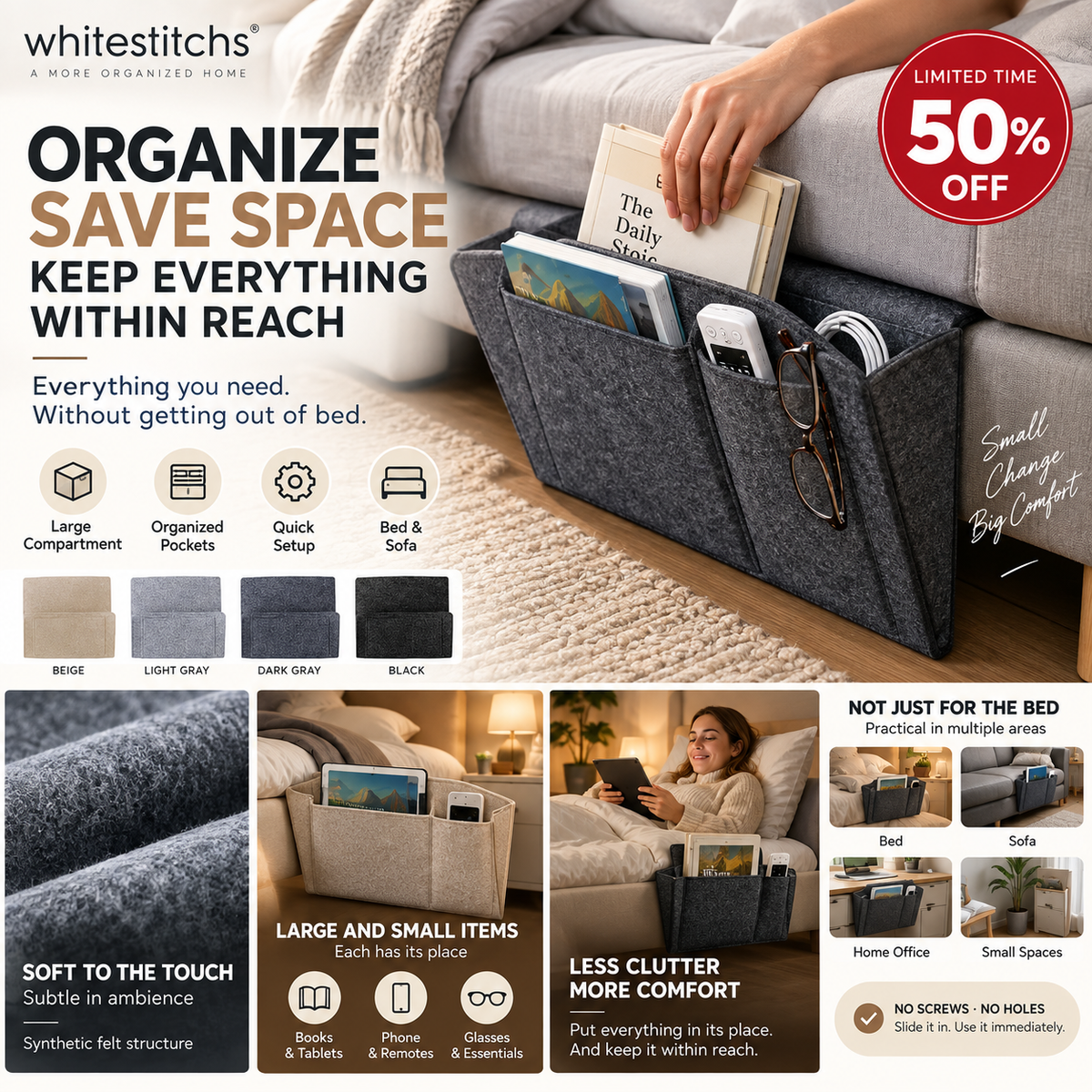 🛏️ No-Tool Bedside Storage Organizer – Slide-In Hanging Caddy for Easy Bedside Organization