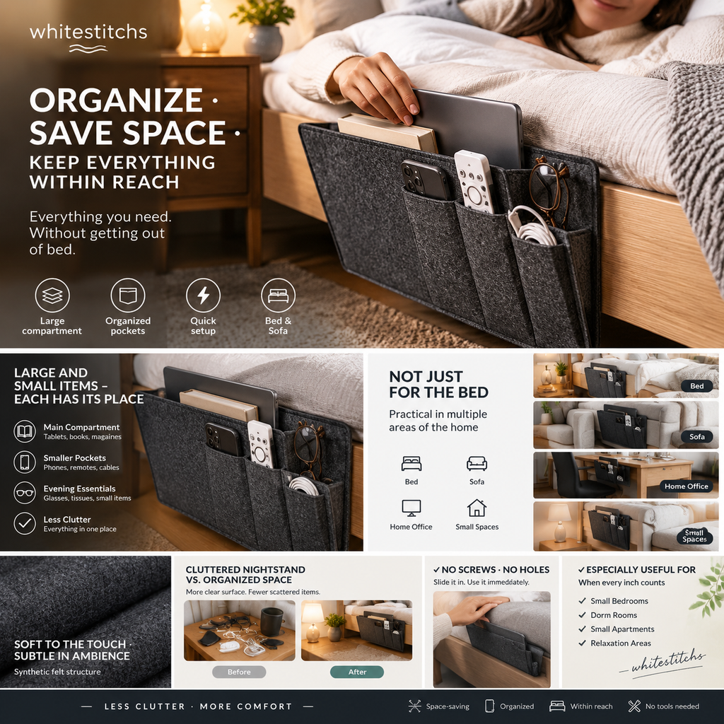 🛏️ No-Tool Bedside Storage Organizer – Slide-In Hanging Caddy for Easy Bedside Organization