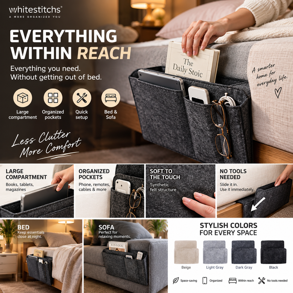 🛏️ No-Tool Bedside Storage Organizer – Slide-In Hanging Caddy for Easy Bedside Organization