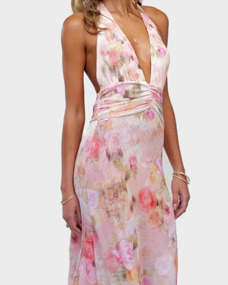 Women Long Dress, Sleeveless Halter Dress Backless Flower/Dots Print Summer Cocktail Dress
