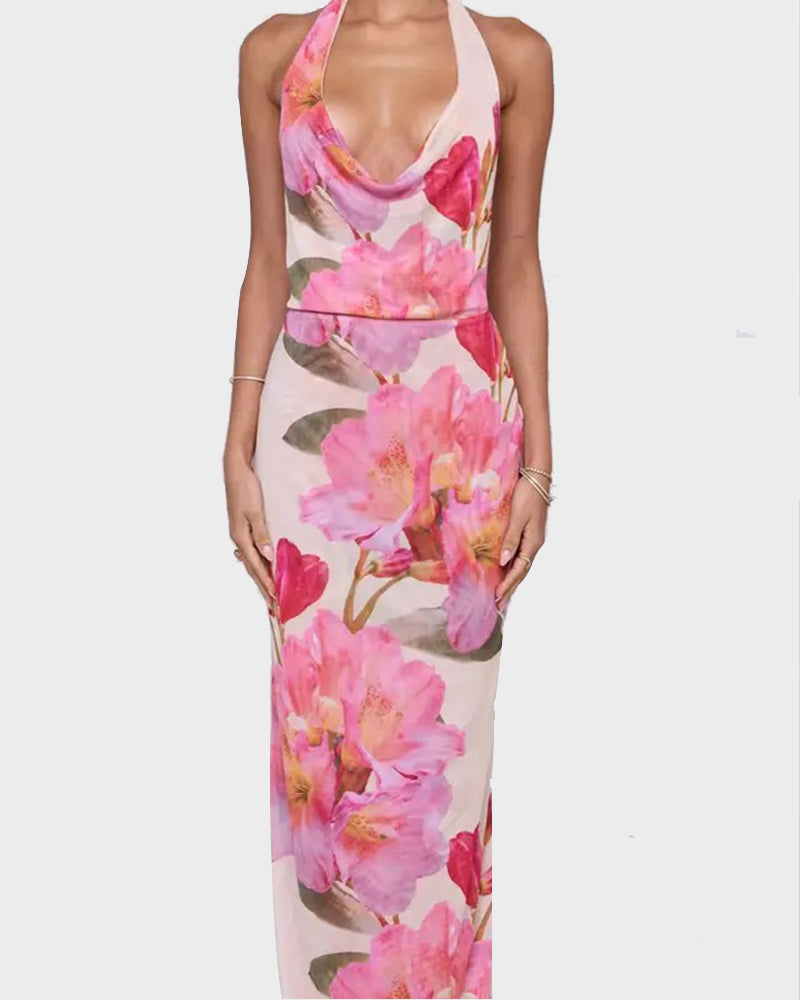 Women Long Dress, Sleeveless Halter Dress Backless Flower/Dots Print Summer Cocktail Dress