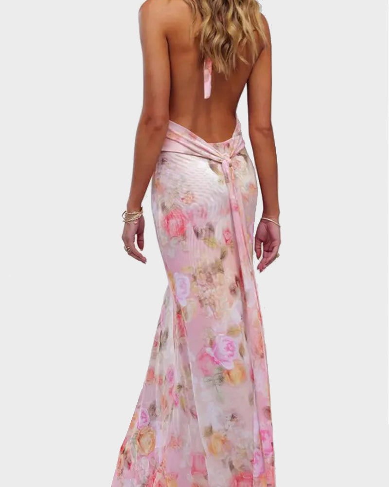 Women Long Dress, Sleeveless Halter Dress Backless Flower/Dots Print Summer Cocktail Dress