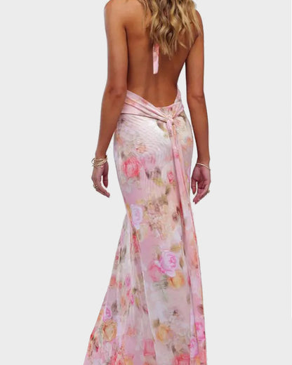 Women Long Dress, Sleeveless Halter Dress Backless Flower/Dots Print Summer Cocktail Dress