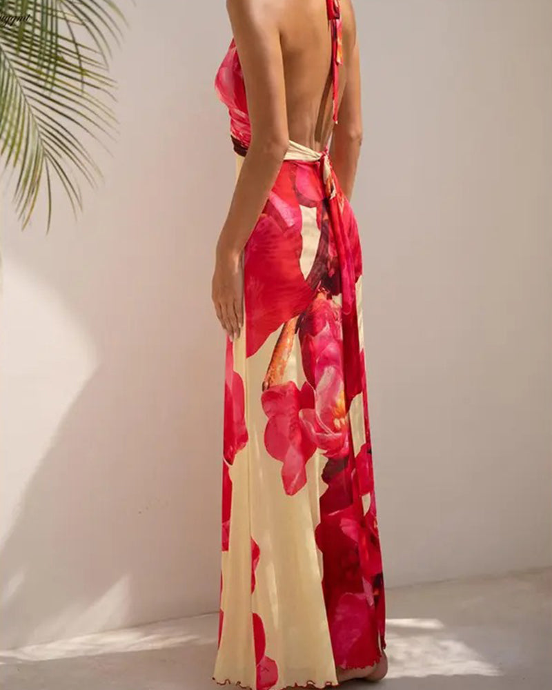 Women Long Dress, Sleeveless Halter Dress Backless Flower/Dots Print Summer Cocktail Dress