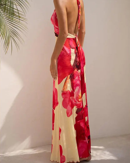 Women Long Dress, Sleeveless Halter Dress Backless Flower/Dots Print Summer Cocktail Dress
