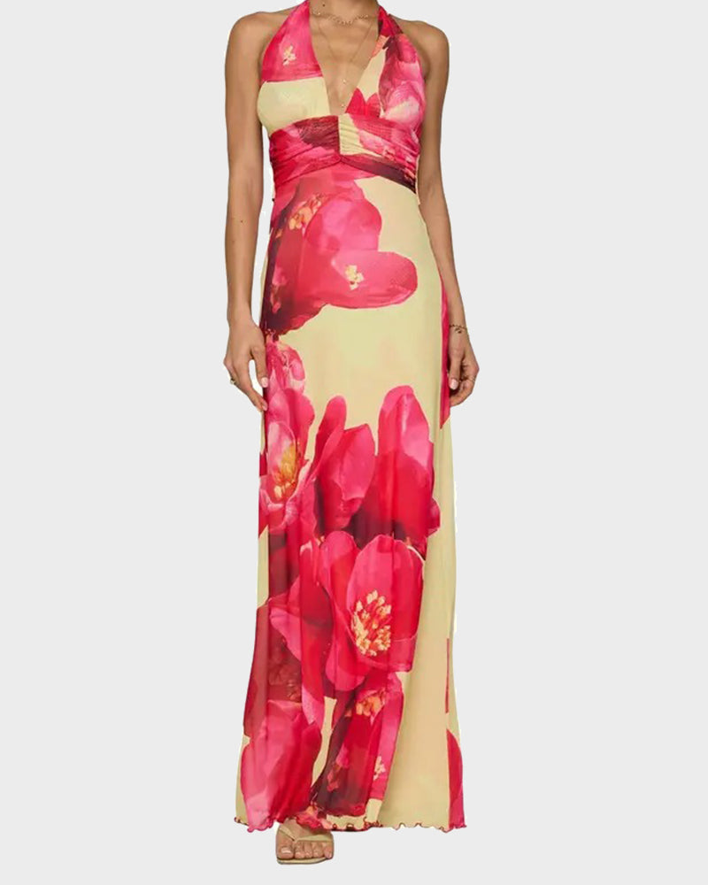 Women Long Dress, Sleeveless Halter Dress Backless Flower/Dots Print Summer Cocktail Dress