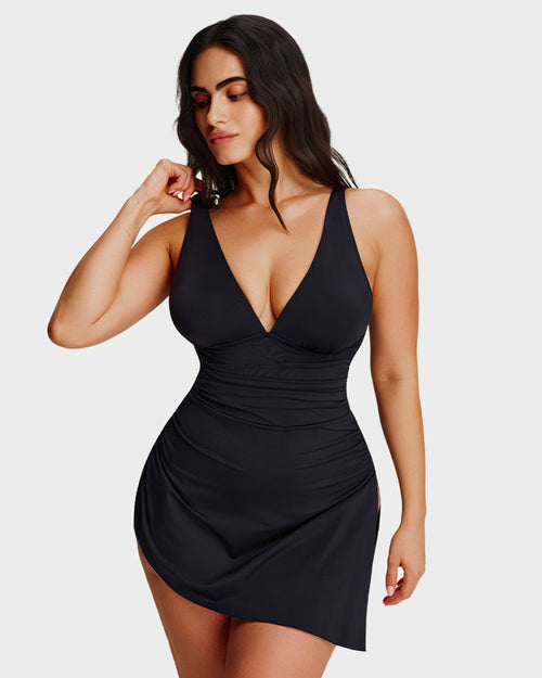 Ruched V-Neck Side Tie Slimming Swim Dress