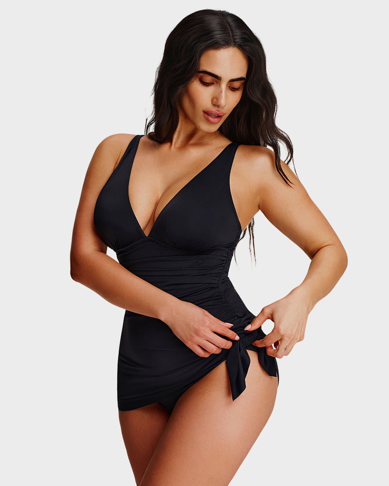 Ruched V-Neck Side Tie Slimming Swim Dress
