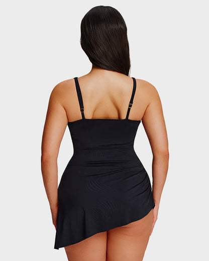 Ruched V-Neck Side Tie Slimming Swim Dress