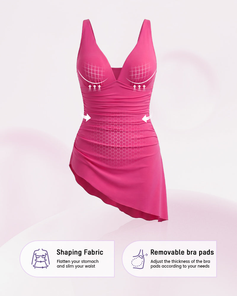 Ruched V-Neck Side Tie Slimming Swim Dress