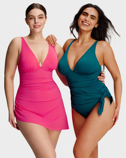 Ruched V-Neck Side Tie Slimming Swim Dress