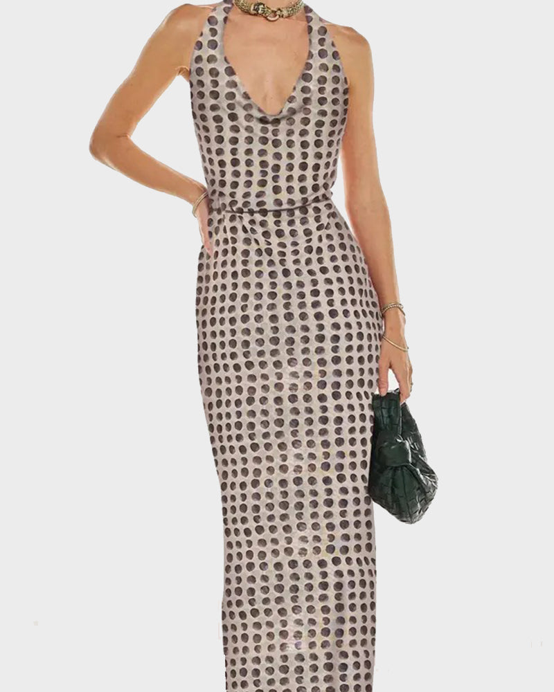 Women Long Dress, Sleeveless Halter Dress Backless Flower/Dots Print Summer Cocktail Dress
