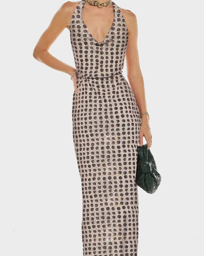 Women Long Dress, Sleeveless Halter Dress Backless Flower/Dots Print Summer Cocktail Dress