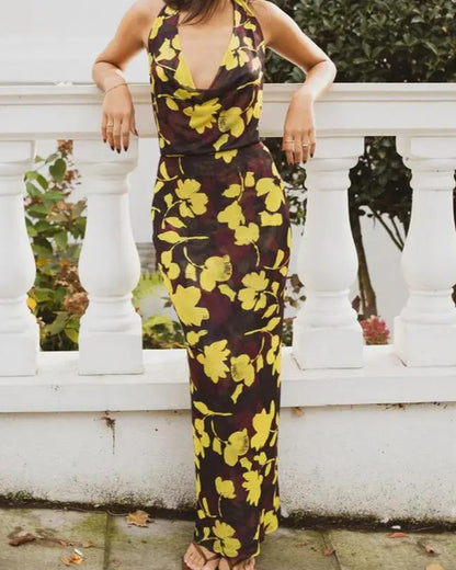 Women Long Dress, Sleeveless Halter Dress Backless Flower/Dots Print Summer Cocktail Dress