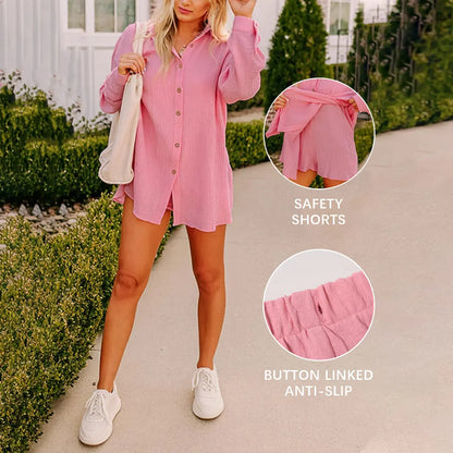Fisoew Women's Plus Size Gauze Shirt & Shorts Set