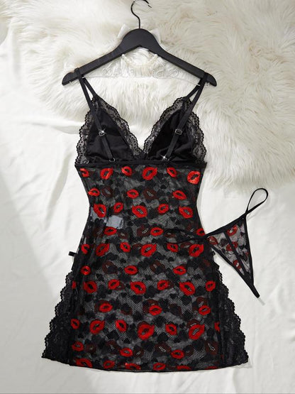 Women's Lip Print Lace Trim Cami Nightdress & Thong Sexy Lingerie Set