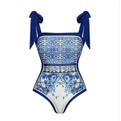 Blue And White Porcelain One Piece Swimsuit Set