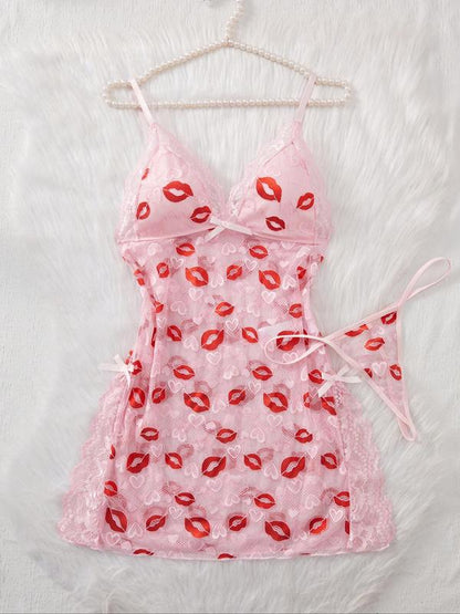Women's Lip Print Lace Trim Cami Nightdress & Thong Sexy Lingerie Set