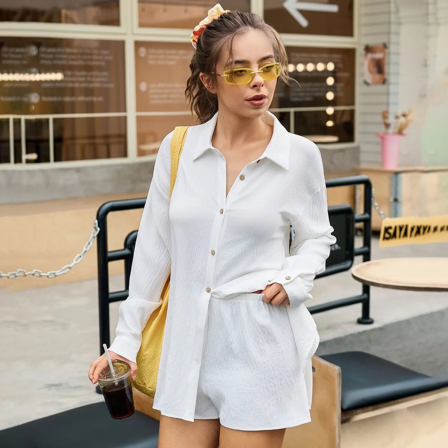 Fisoew Women's Plus Size Gauze Shirt & Shorts Set