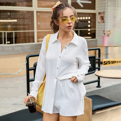 Fisoew Women's Plus Size Gauze Shirt & Shorts Set
