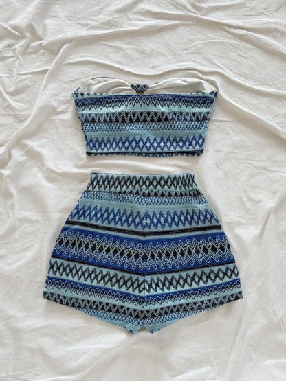 Women's Striped Crop Tube Top & High-Waist Shorts Set – Casual Boho Two-Piece Summer Outfit