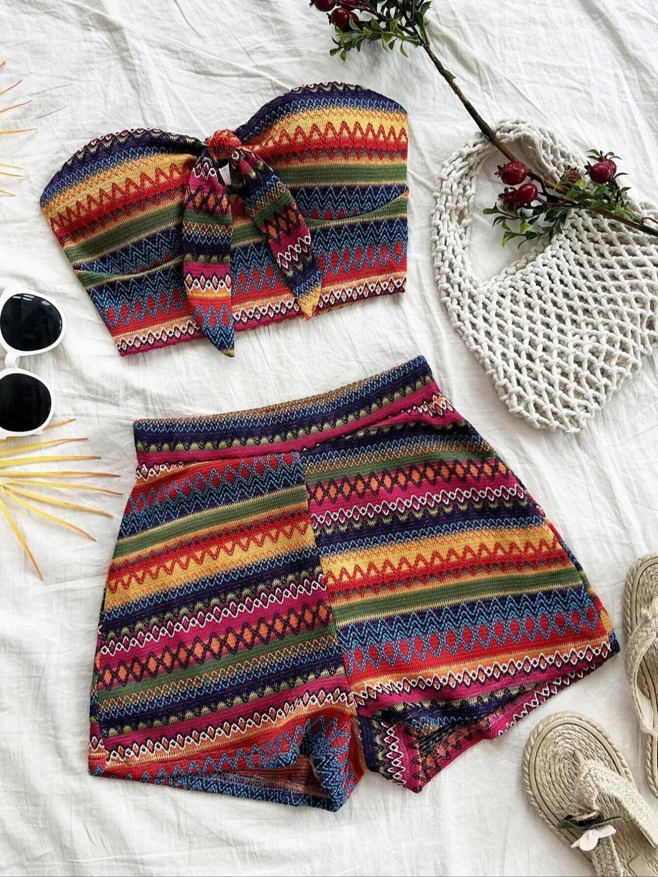 Women's Striped Crop Tube Top & High-Waist Shorts Set – Casual Boho Two-Piece Summer Outfit