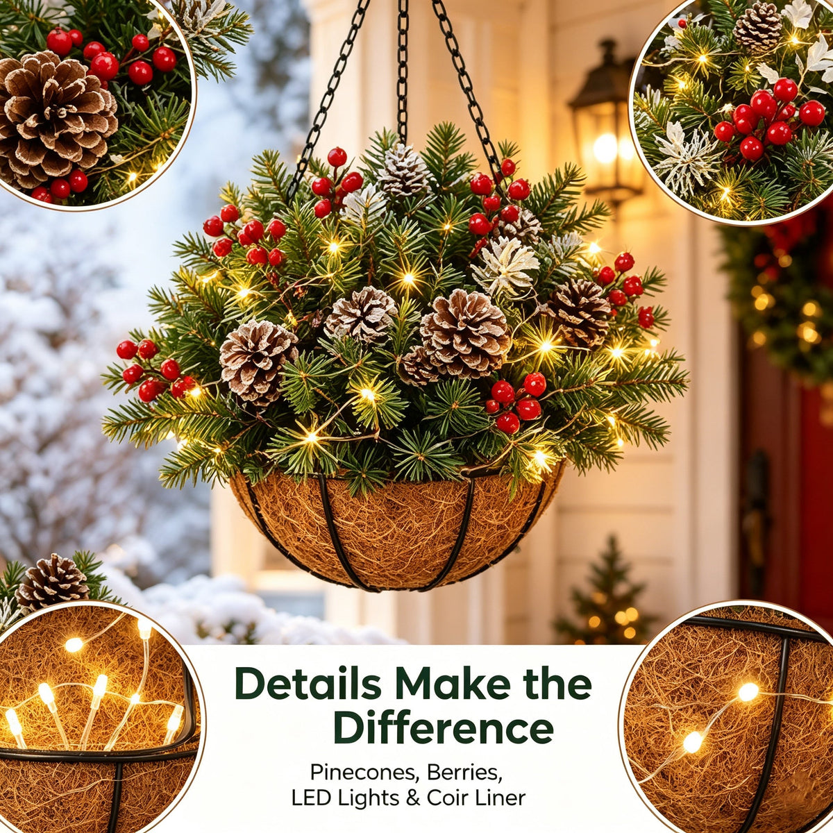 🎄 50% OFF Pre-Lit Christmas Hanging Basket – Weather-Resistant Holiday Door & Porch Decor