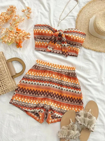 Women's Striped Crop Tube Top & High-Waist Shorts Set – Casual Boho Two-Piece Summer Outfit