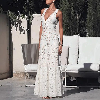 Women's V Neck White Laser Cut One Piece Swimsuit