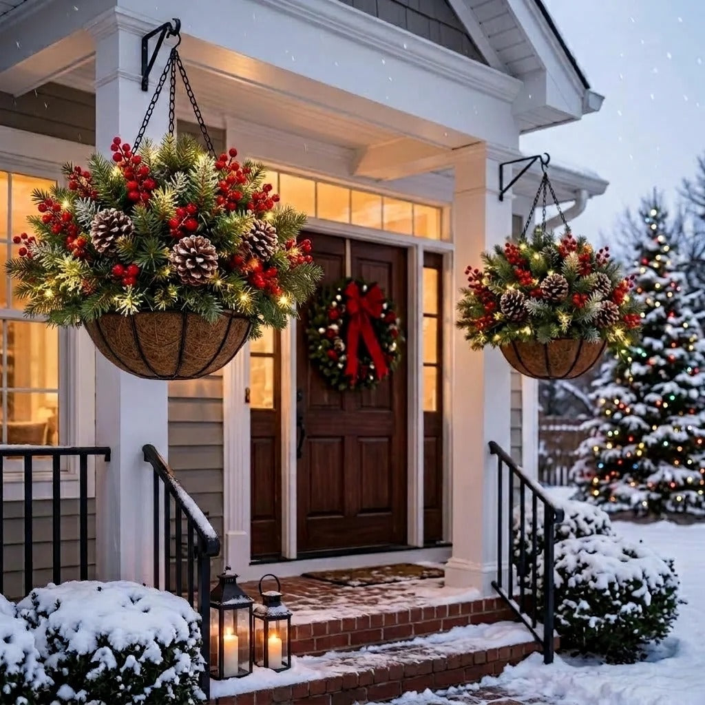 🎄 50% OFF Pre-Lit Christmas Hanging Basket – Weather-Resistant Holiday Door & Porch Decor