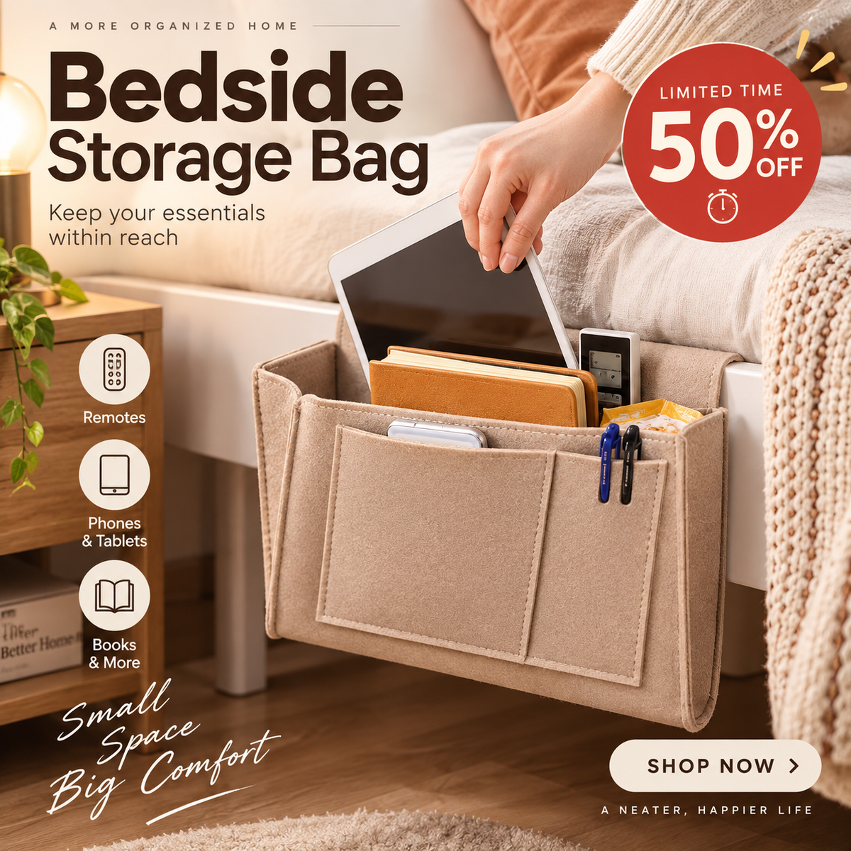 🛏️ No-Tool Bedside Storage Organizer – Slide-In Hanging Caddy for Easy Bedside Organization